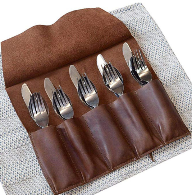 OEM Outdoor Camping Dinnerware Leather Knife Fork Spoon Storage Bag