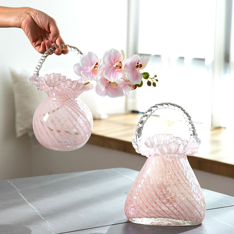 Senior Sense Exquisite Light Luxury Glass Handbag Vase Glass Flower Basket Living Room Home Soft Decoration Flower Arrangement Ornaments