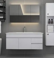 Upscale Bathroom Vanity with Smart Mirror and Cabinet Features