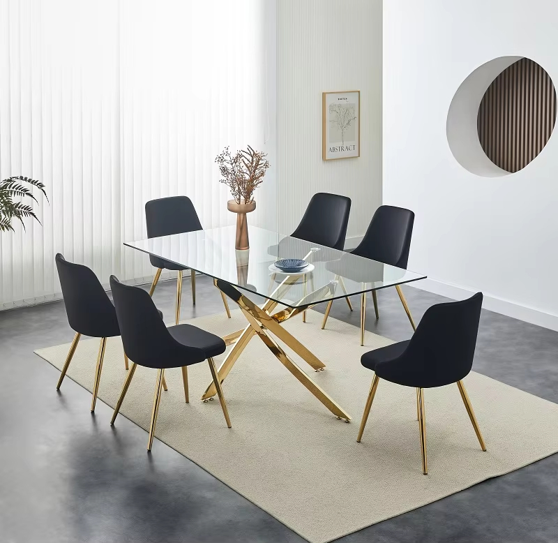 Glass Top Dinning Room Kitchen Tables Set 6 Seater Luxury Gold Dining Table and Chair