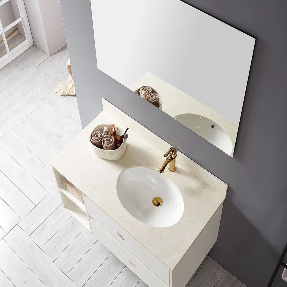 Single Basin Cabinet Sintered Stone Top Veneer Finished Plywood Bathroom Vanity with Mirror