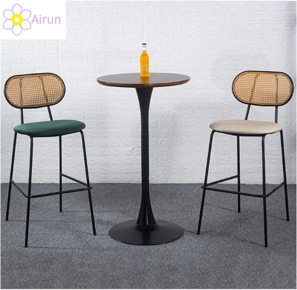 Contract Furniture Black Metal Legs Wood Cane Back Orange Leather Bar Stool