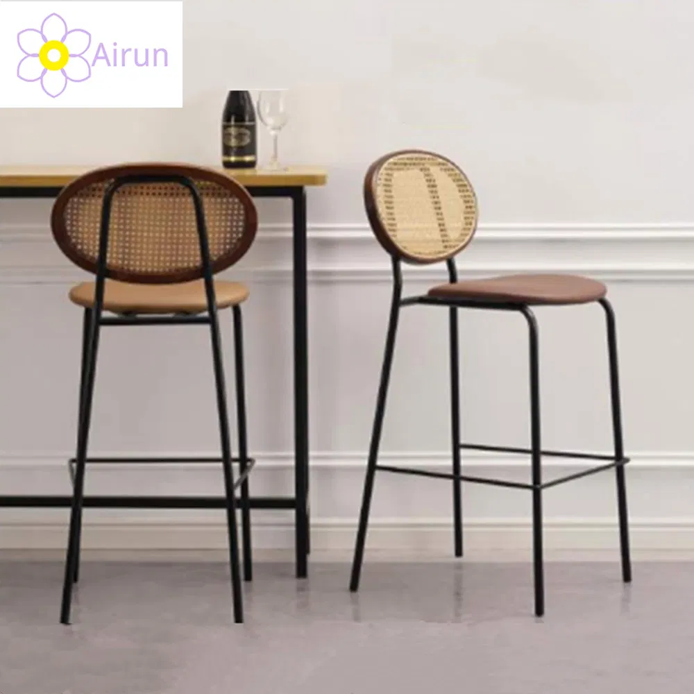 Contract Furniture Black Metal Legs Wood Cane Back Orange Leather Bar Stool