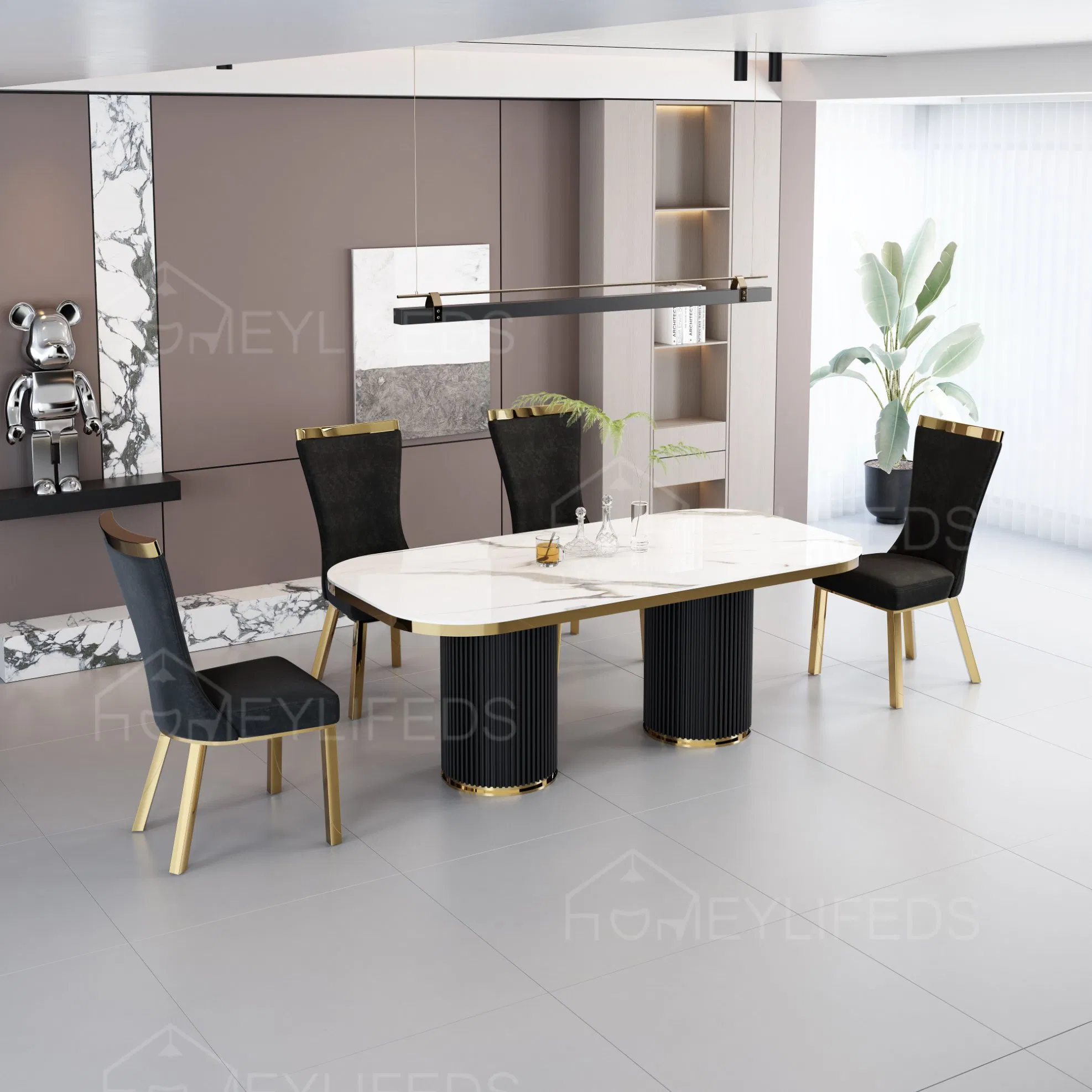 Black Glass Banquet Dining Table and Chairs Set Ceramic for Dining Room