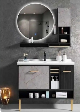 Upscale Bathroom Vanity with Smart Mirror and Cabinet Features