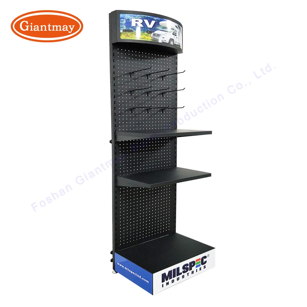 Retail Store Shop Floor Metal Shelving Perforated Pegboard Stand Display Rack Shelves with Hooks