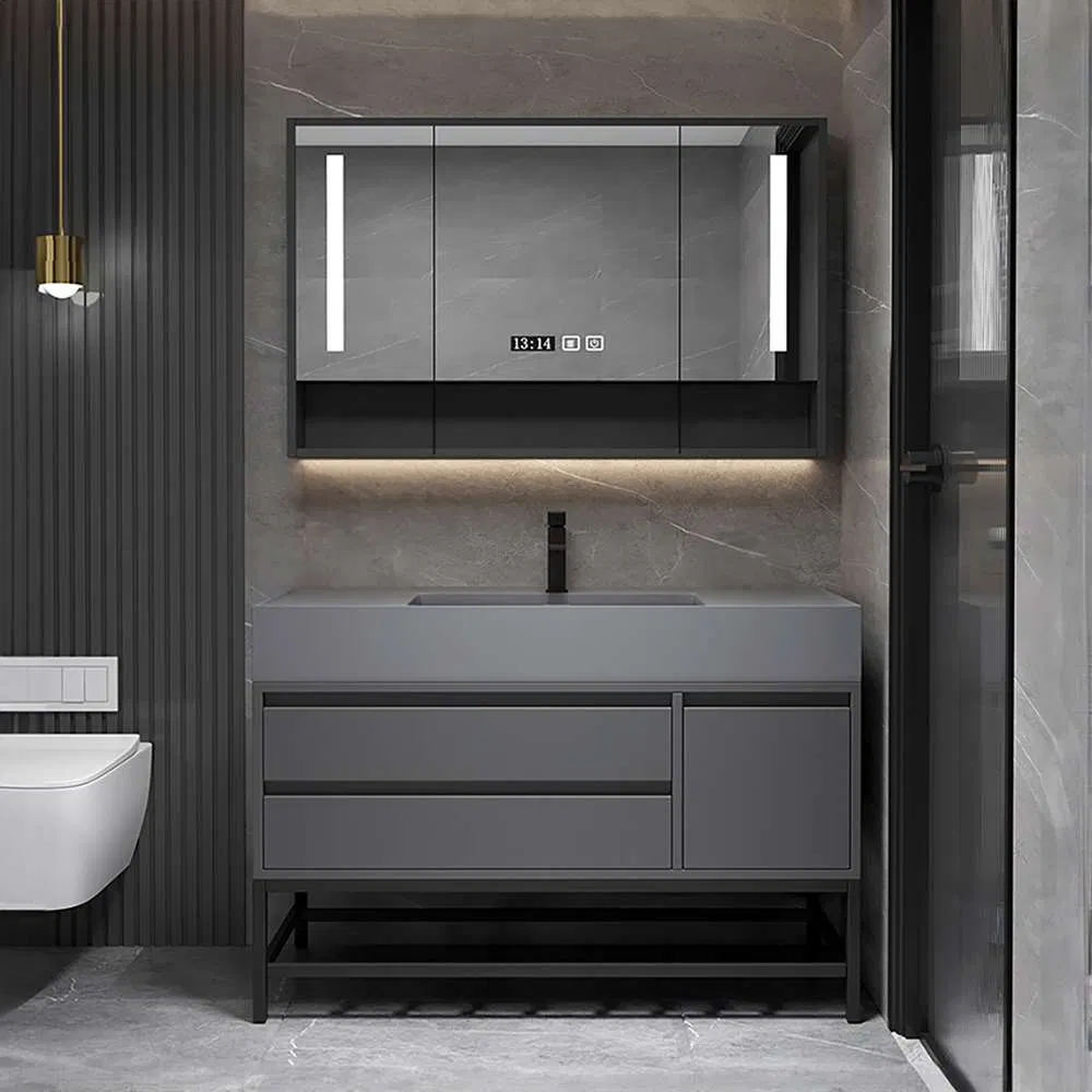 Wholesale Sophisticated Gray Waterproof Floating Bathroom Vanity with Single Sink Mirror Cabinet for Modern Hotels and Condos