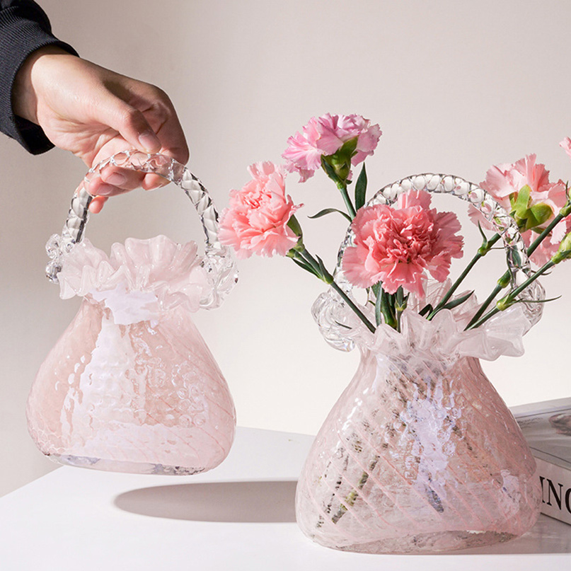Senior Sense Exquisite Light Luxury Glass Handbag Vase Glass Flower Basket Living Room Home Soft Decoration Flower Arrangement Ornaments