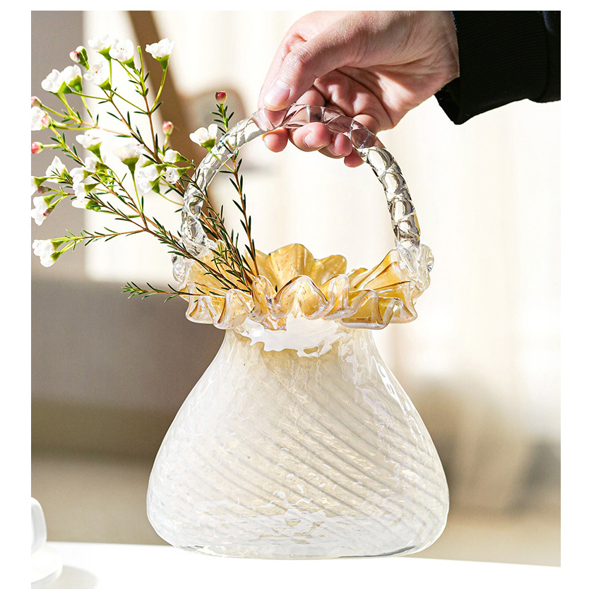 Senior Sense Exquisite Light Luxury Glass Handbag Vase Glass Flower Basket Living Room Home Soft Decoration Flower Arrangement Ornaments