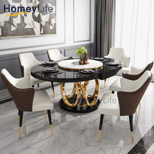 Black Glass Banquet Dining Table and Chairs Set Ceramic for Dining Room