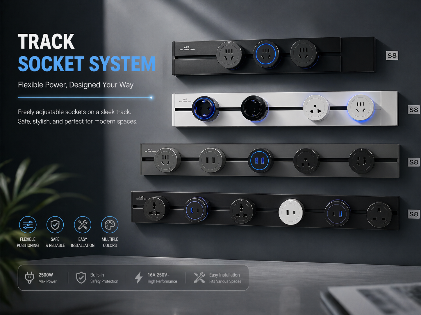 UK Track Socket Wall Socket Office Desk Power Rail System IP44 ABS Material 5 Outlets USB Ports 16A