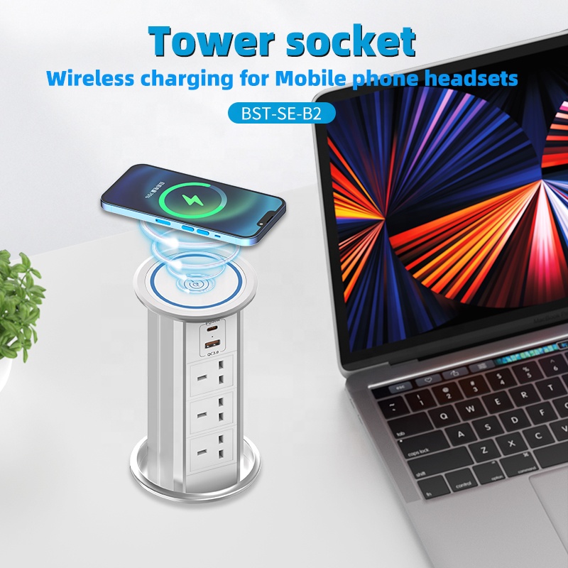 EU/US/UK Universal 15W Wireless Charger Motorized Pop Socket Hidden Table Kitchen Worktop Power Strip Outlet 15A Rated Current