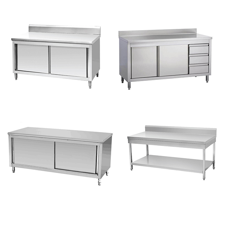 Modern Restaurant Kitchen Equipment Stainless Steel Sliding Door Work Table Cabinet with Splashback