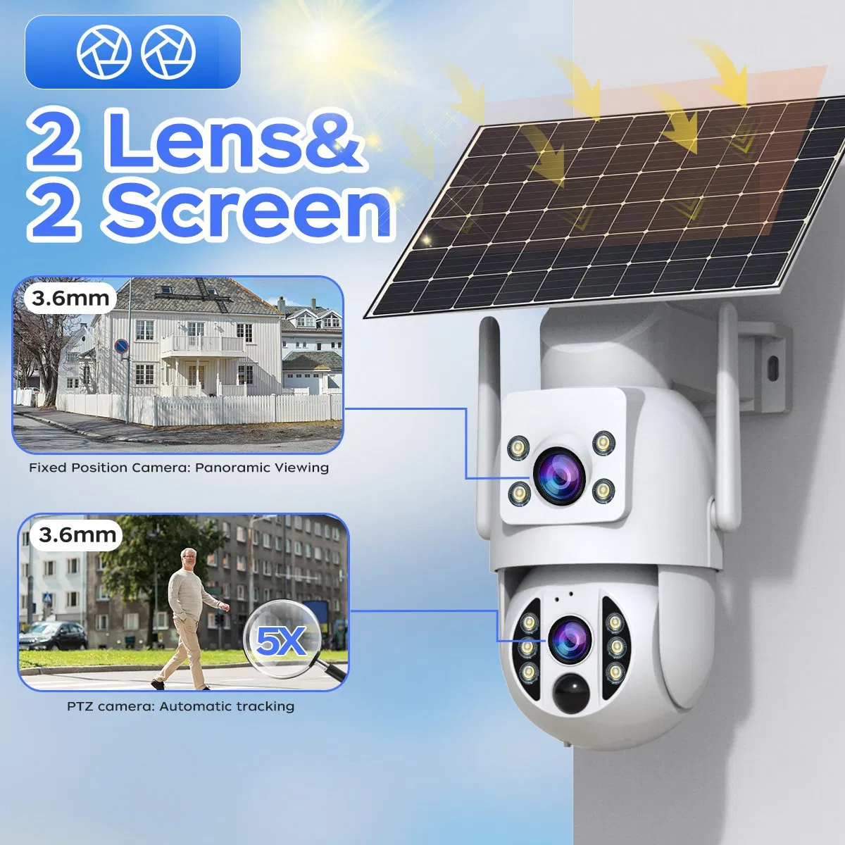 Wireless Network Intelligent WiFi Mini Battery 3MP Dual-Lens HD PTZ TF 4K IR Ai Waterproof IP66 Surveillance Video Recording Two-Way Voice Security CCTV Camera