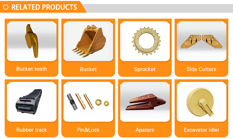 Bucket teeth, bucket, sprocket, side cutters, rubber track