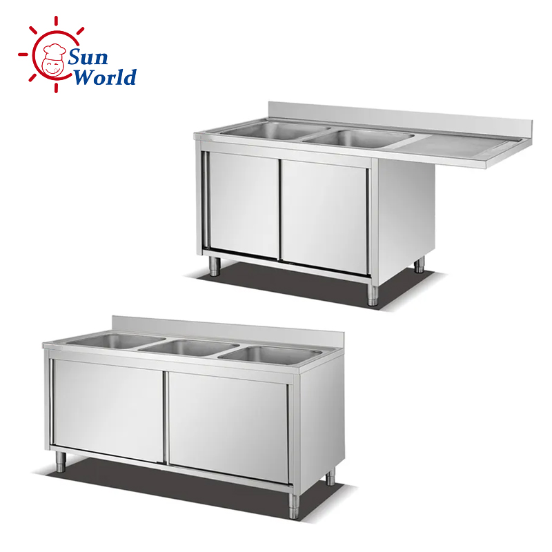 Commercial Kitchen Stainless Steel Bench Sink With Cabinet Sliding Doors and Splashback