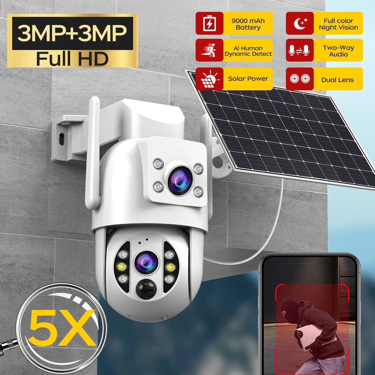 Wireless Network Intelligent WiFi Mini Battery 3MP Dual-Lens HD PTZ TF 4K IR Ai Waterproof IP66 Surveillance Video Recording Two-Way Voice Security CCTV Camera