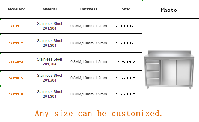 Modern Restaurant Kitchen Equipment Stainless Steel Sliding Door Work Table Cabinet with Splashback