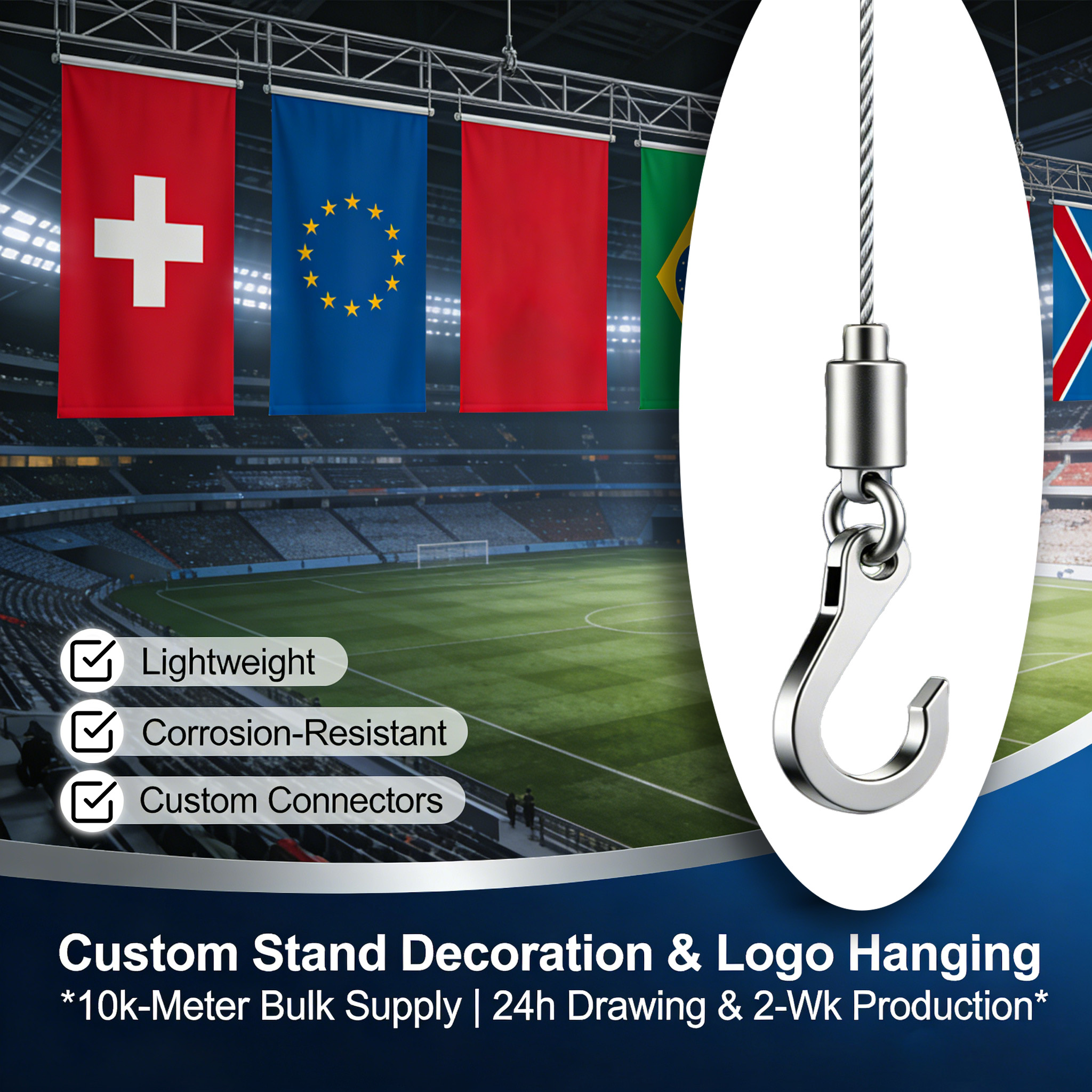 Stainless Steel Wire Rope With Hook Adjustable Ceiling Light Suspension Kit For Building Of The Venue Hanging Of Flags