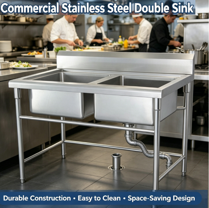 Restaurant Kitchen Equipment Free Stand Hand Wash Stainless Steel Sink Bench Double with Splashback