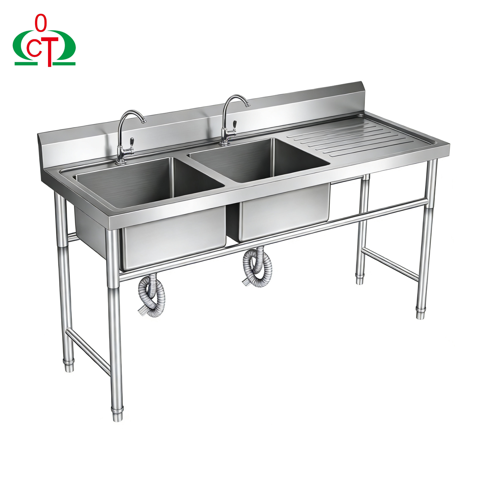 Stainless Steel Double Sink Work Table with Splashback for Commercial Restaurant Hotel Kitchen Use Stainless Steel Sink