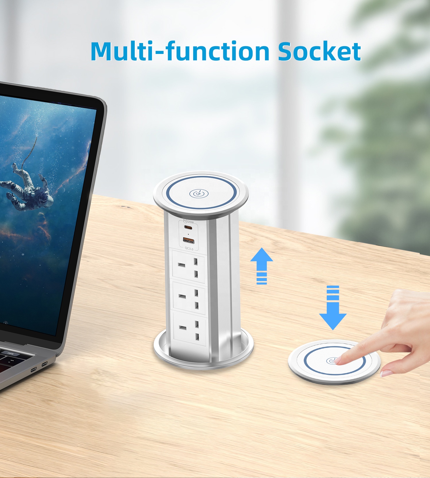 EU/US/UK Universal 15W Wireless Charger Motorized Pop Socket Hidden Table Kitchen Worktop Power Strip Outlet 15A Rated Current