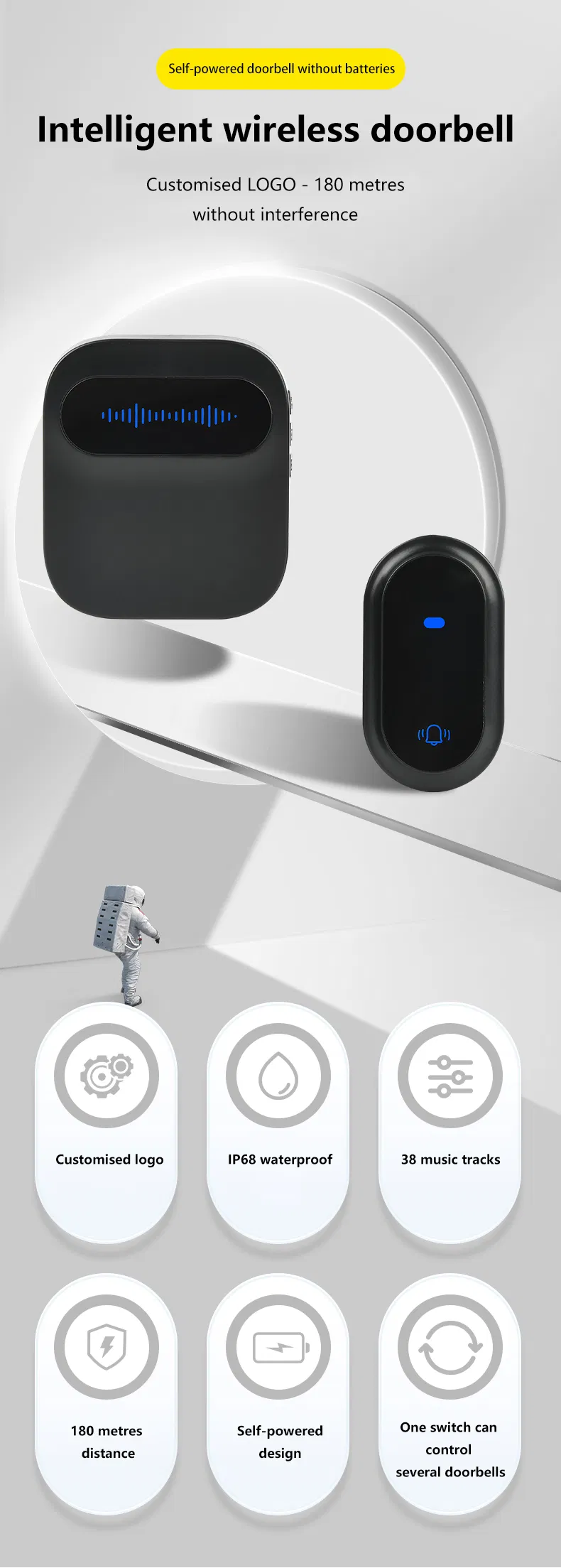 IP68 Waterproof EU UK Us Plug 38 Music Tracks Outdoor Wireless Doorbell