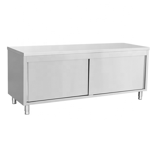 Sliding Doors Working Table Storage Cabinet with Splashback Kitchen Use Stainless Steel Silver High Productivity