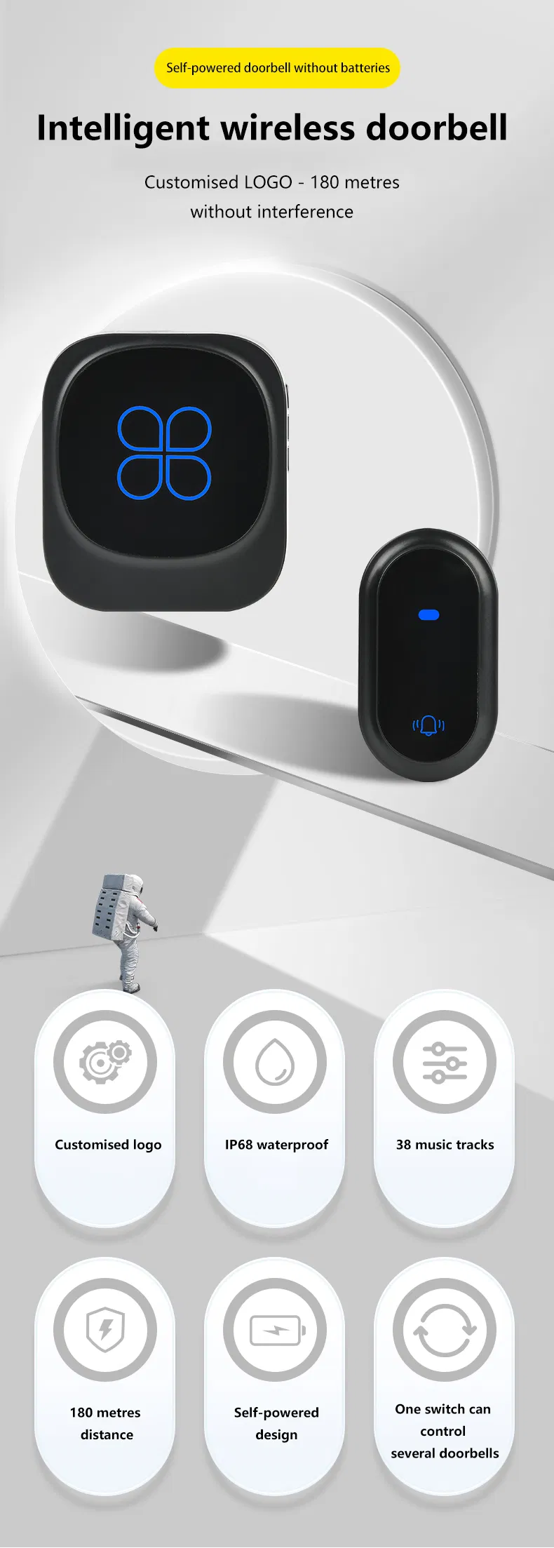 Hot Sold IP68 Waterproof EU UK Us Plug Customized 38 Music Tracks Smart Outdoor Wireless Doorbell