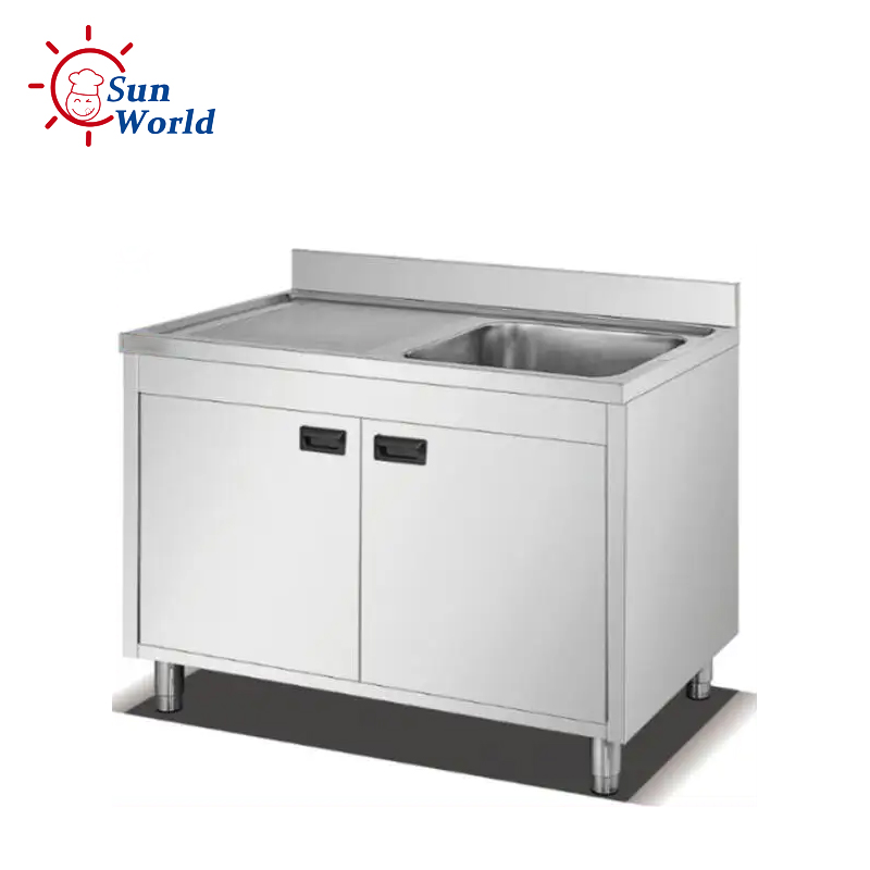 Commercial Kitchen Stainless Steel Bench Sink With Cabinet Sliding Doors and Splashback