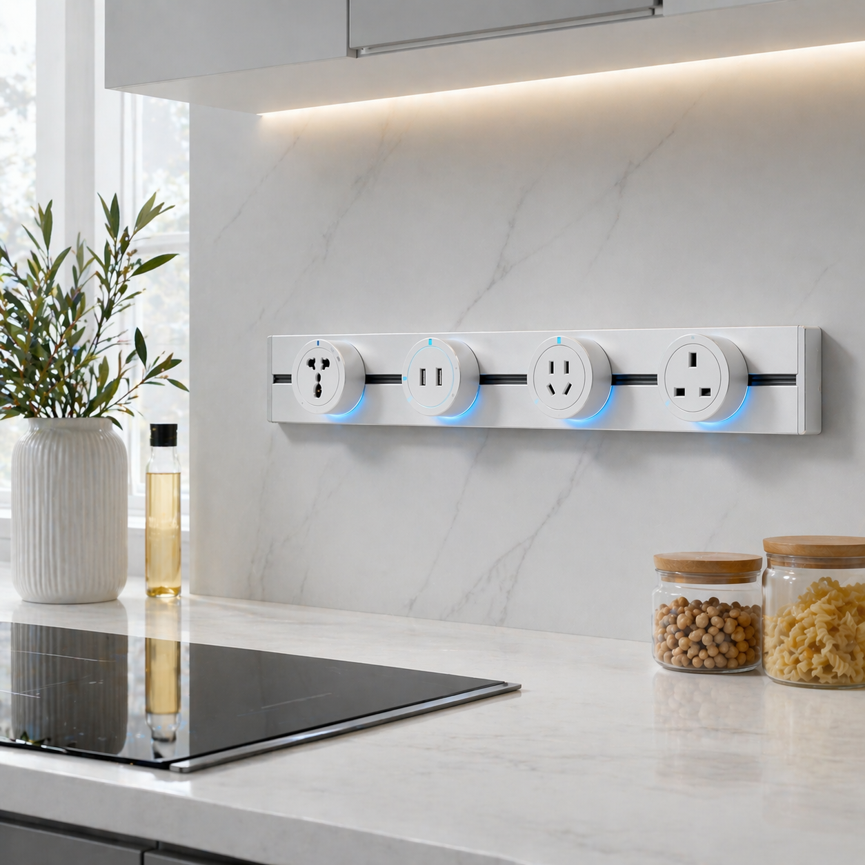 UK Track Socket Wall Socket Office Desk Power Rail System IP44 ABS Material 5 Outlets USB Ports 16A