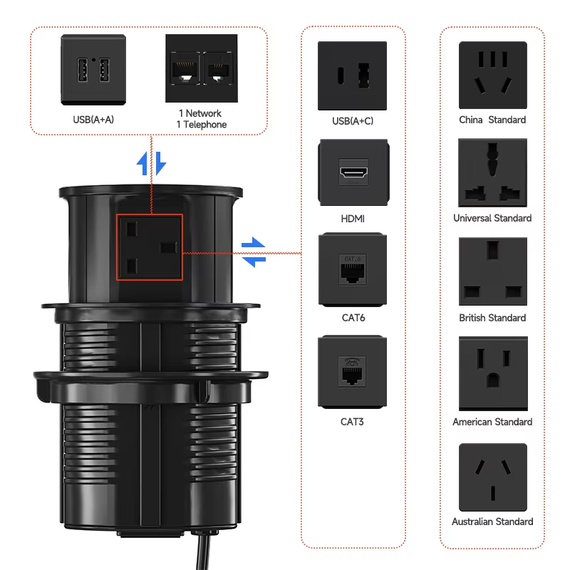 Smart Automatic Motorized Pop Up Socket With Wireless Charging USB-C Pd Kitchen Power Strip Tower For Conference Table Office