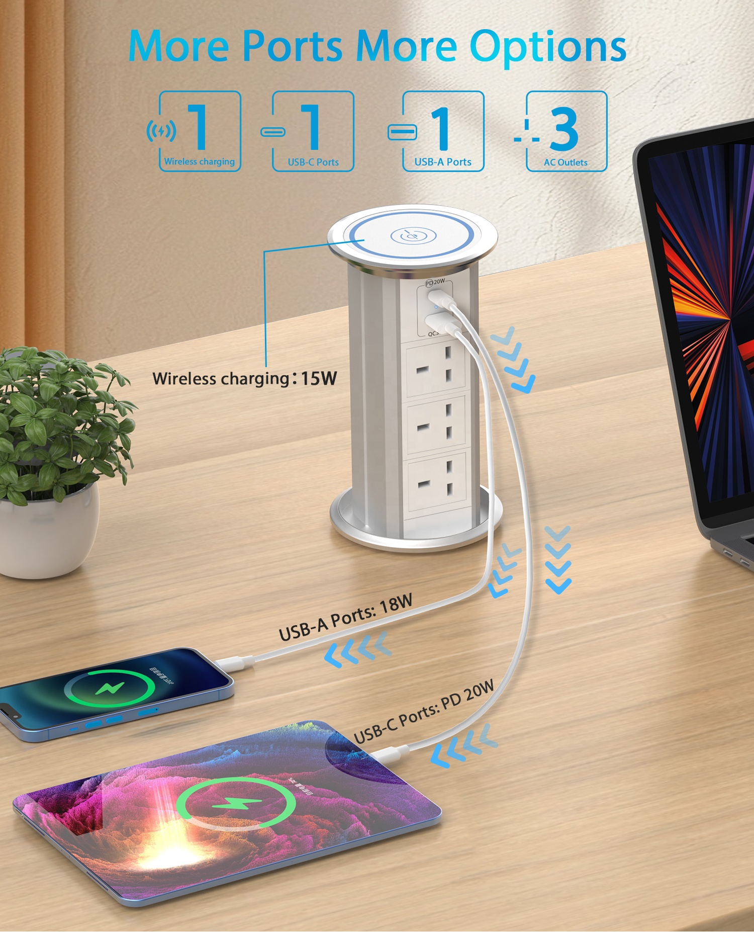 EU/US/UK Universal 15W Wireless Charger Motorized Pop Socket Hidden Table Kitchen Worktop Power Strip Outlet 15A Rated Current
