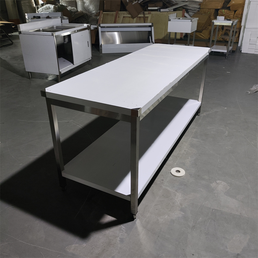Heavy Duty 1.0mm Thickness Food Prepare Work Bench/Stainless Steel Splashback Kitchen Table with Under Shelf Factory