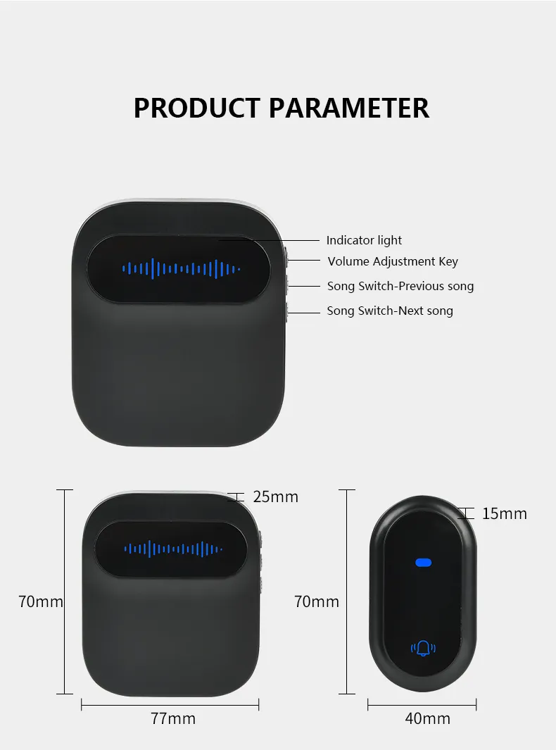 IP68 Waterproof EU UK Us Plug 38 Music Tracks Outdoor Wireless Doorbell