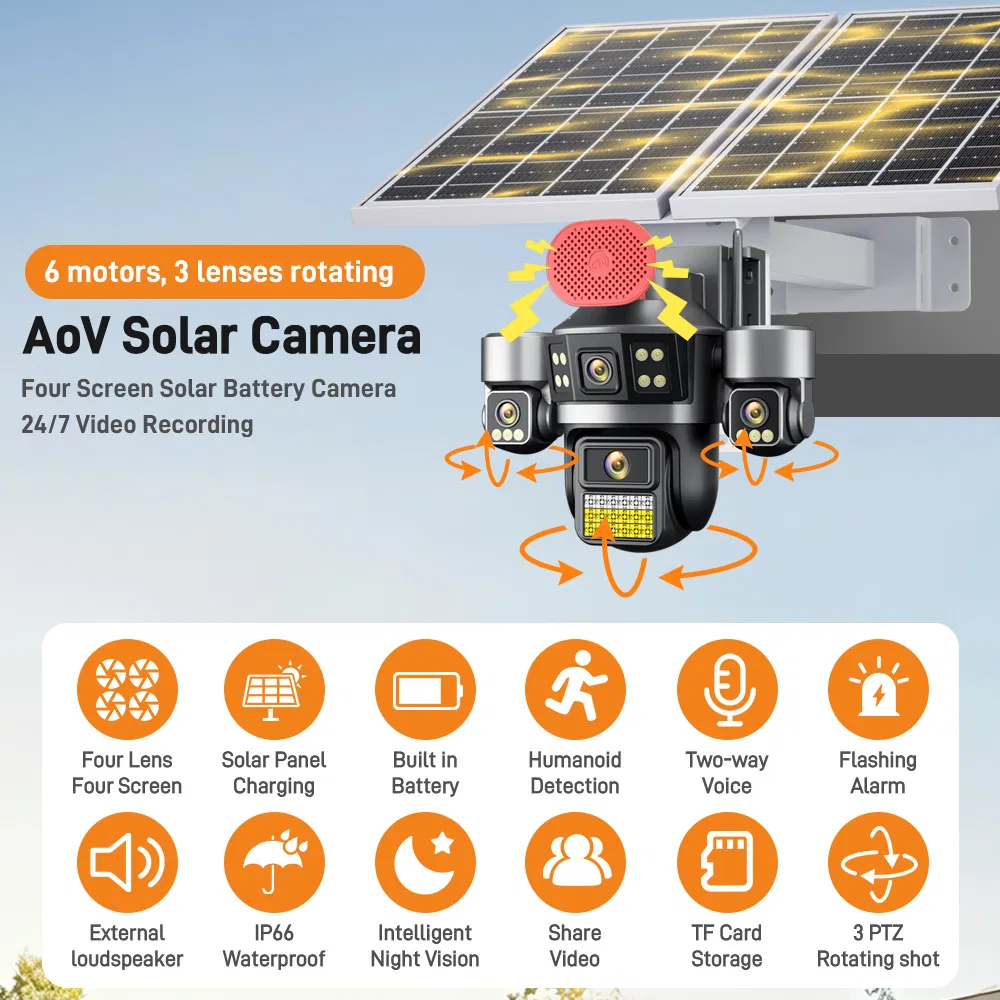 2MP Dual Solar Panels 4G Solar Camera with PTZ and Aov Features Panoramic Camera with Night Vision and Voice Function Farm CCTV Monitoring 4-Channel Security Ca