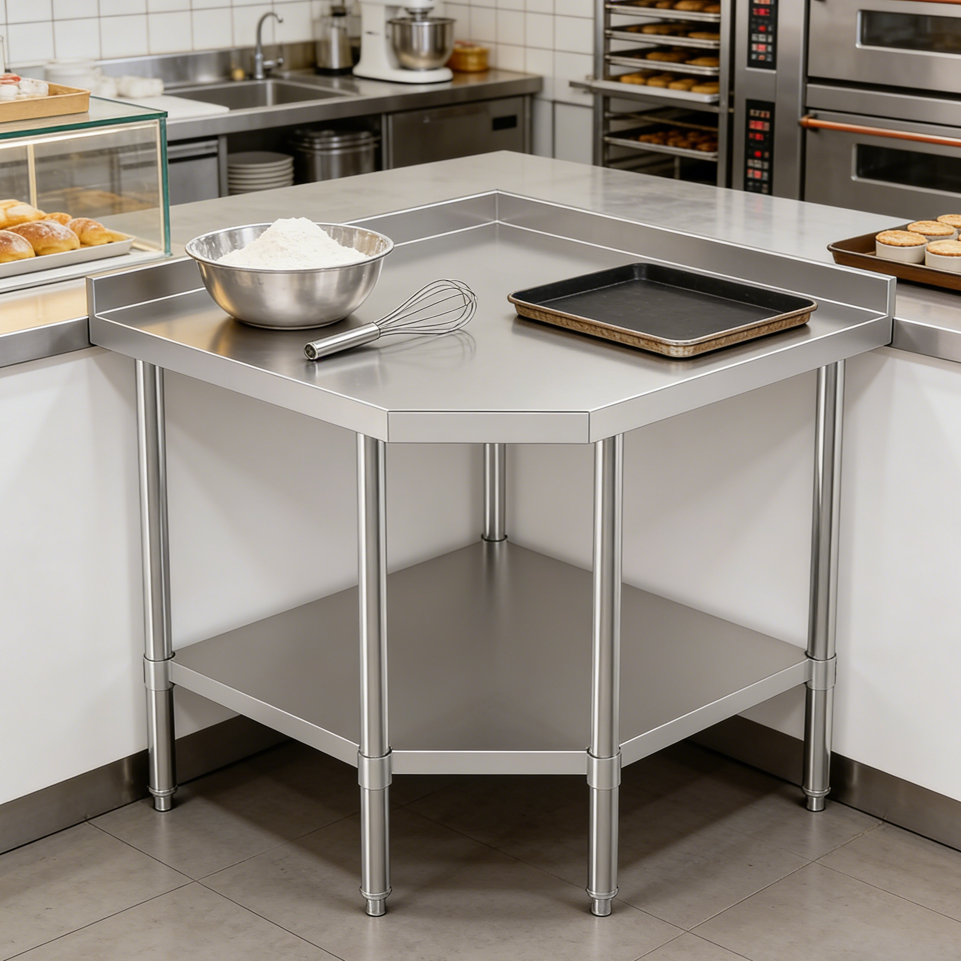 SUNMAX Kitchen Stainless Steel Pentagon Corner Working Table with Splashback Worktable Work Table