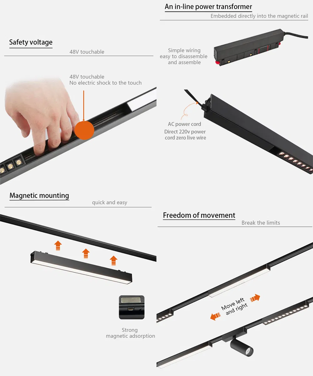Recessed Mounting Black 2wire Magnet Track Rail System Linear LED Track Light