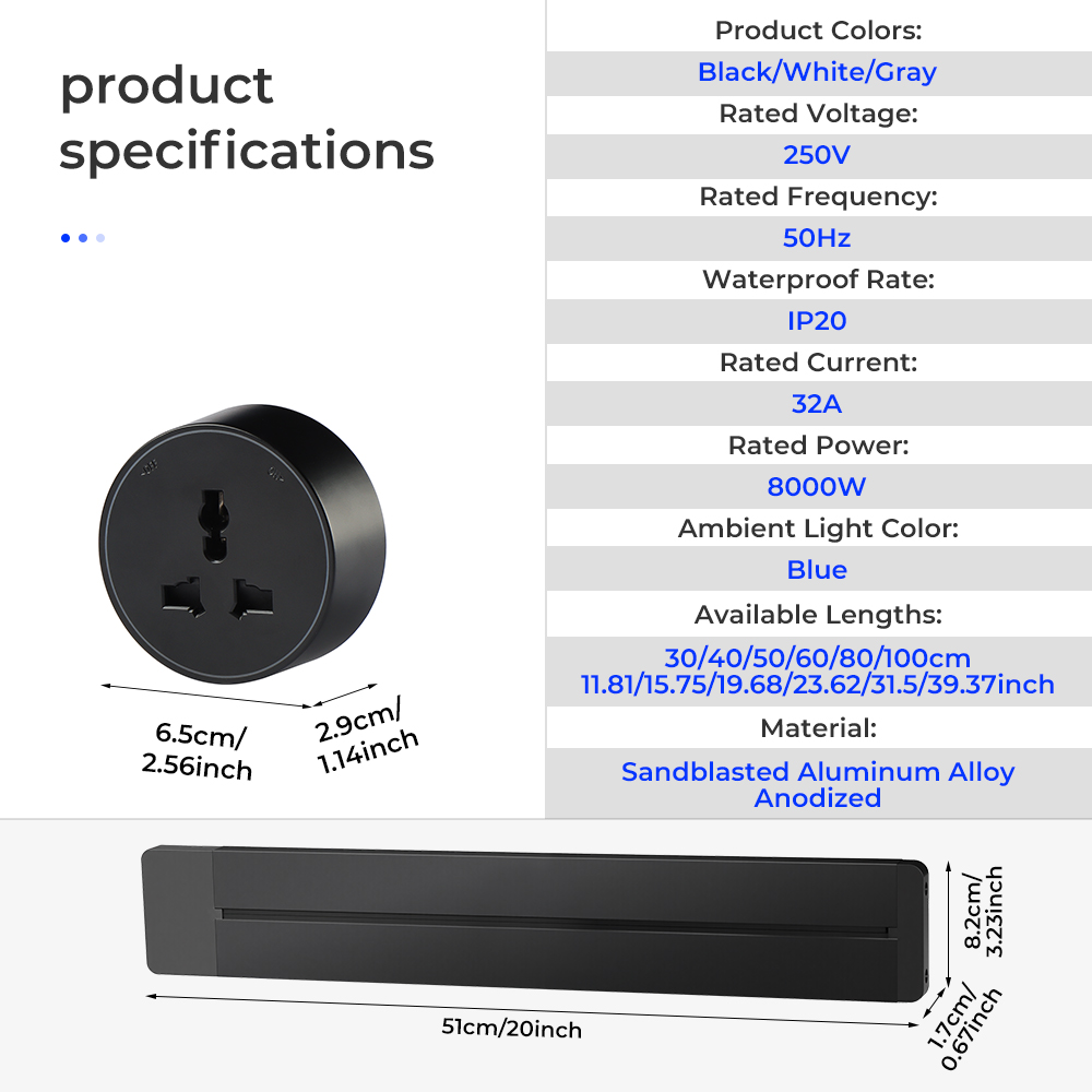 Track Socket Power Rail Outlet Movable Socket Kitchen Track Outlet Aluminum Track Socket Sliding Power Strip CE Certified Rail
