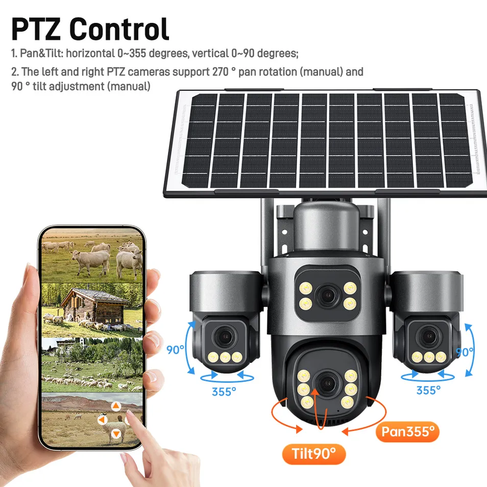 Solar-Powered Quad-Camera Dome Camera with Warm Light Night Vision