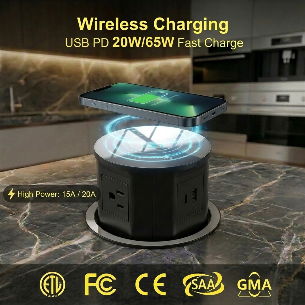 Smart Automatic Motorized Pop Up Socket With Wireless Charging USB-C Pd Kitchen Power Strip Tower For Conference Table Office
