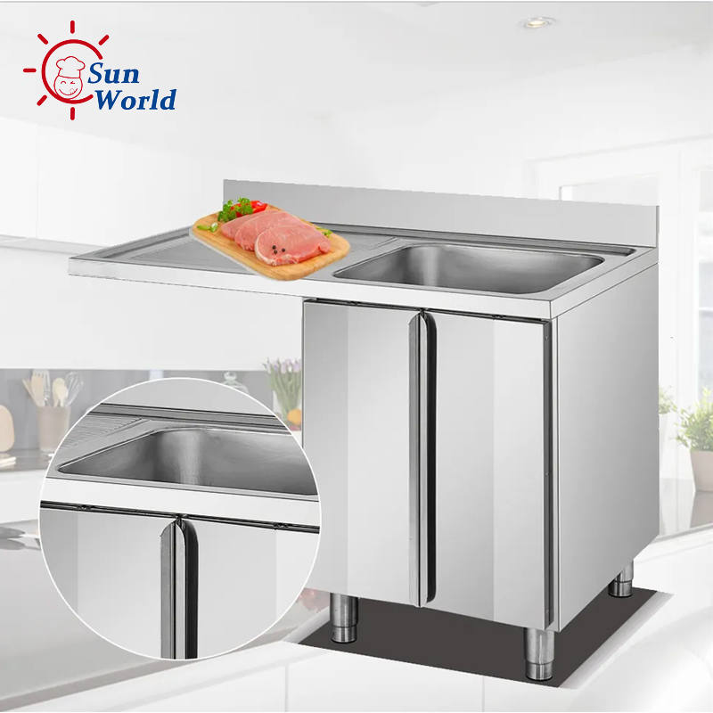 Commercial Kitchen Stainless Steel Bench Sink With Cabinet Sliding Doors and Splashback