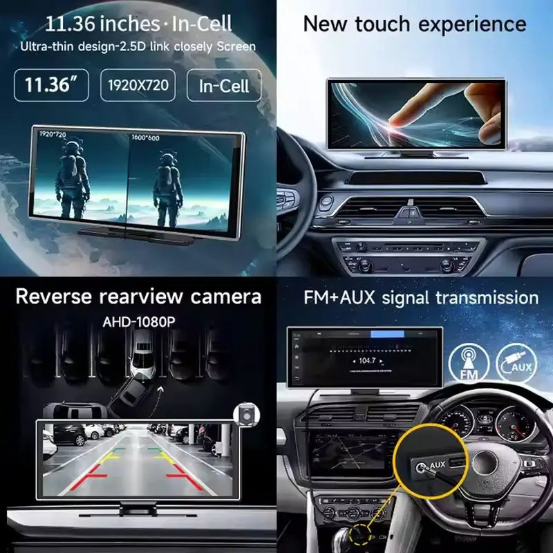 Car Accessories Universal 11.36-Inch Android Auto Stereo, Dashboard Camera, Wireless Carplay, Rearview Mirror, GPS Navigation Link Car Radio