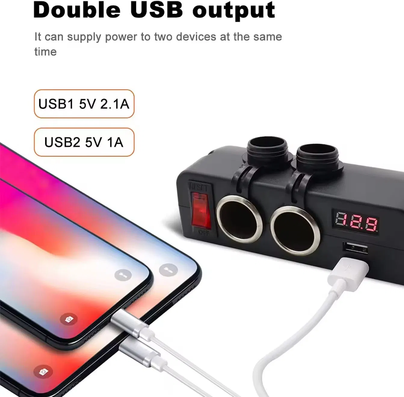 Dual USB Socket Charger and Dual 12V Power Outlet Cigarette Lighter Splitter Adapter with LED Voltmeter on/off Switches for Car