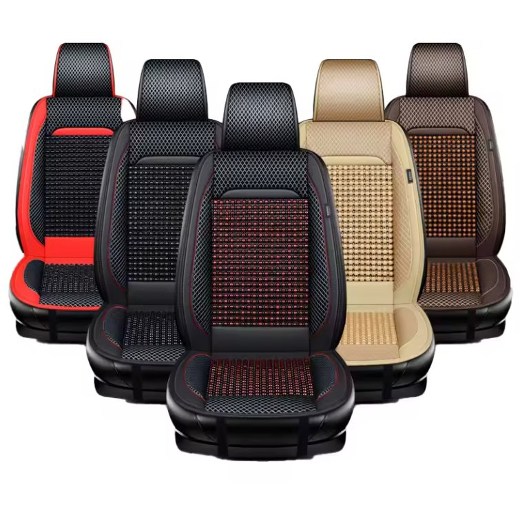 Luxury Full Set Car Seat Covers Durable Leather with Wooden Beads Front &amp; Back Accessory