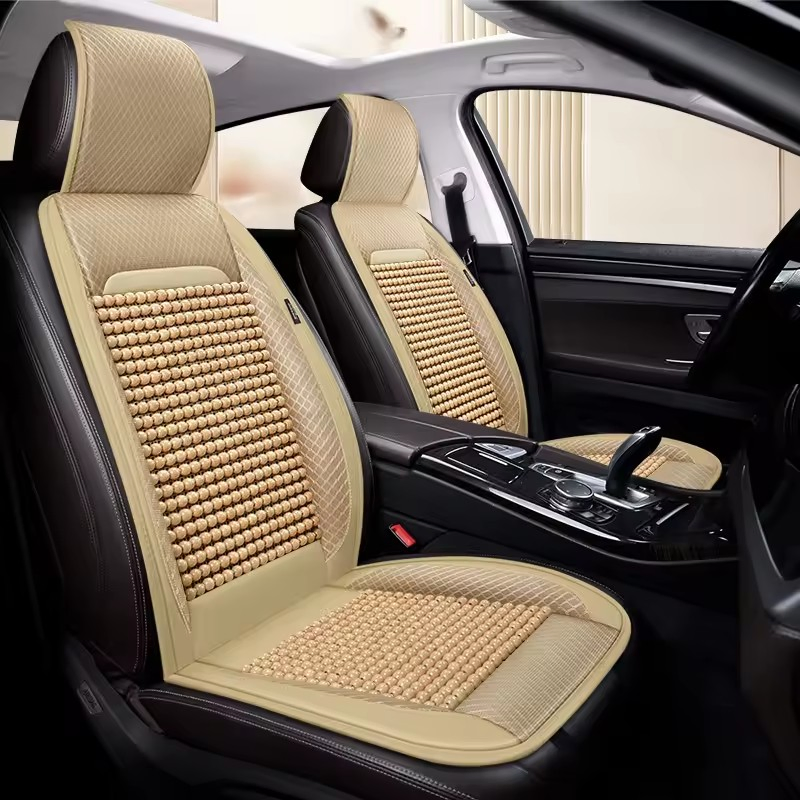 Luxury Full Set Car Seat Covers Durable Leather with Wooden Beads Front &amp; Back Accessory