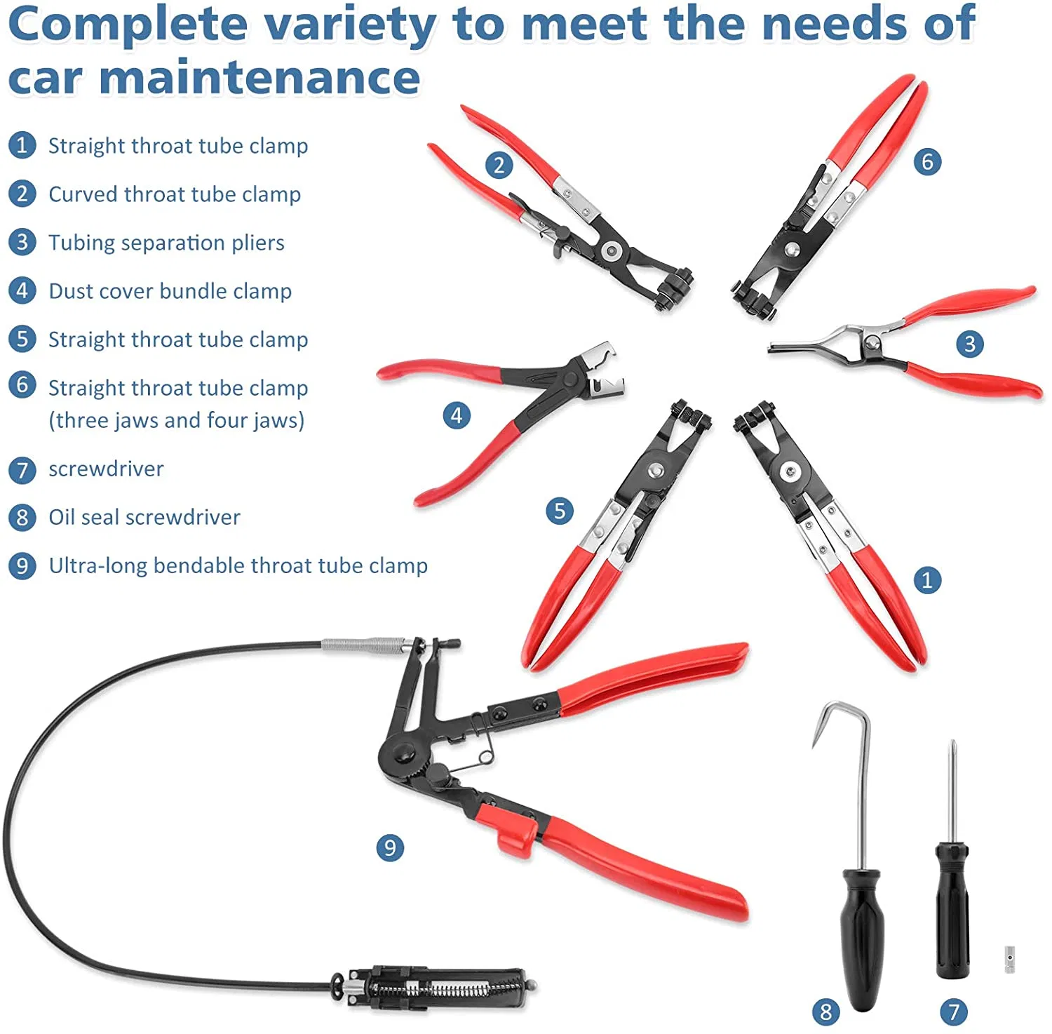 9PCS Hose Clamp Clip Plier Set with Flexible Spring Clamp Pliers Swivel Jaw Flat Angled Band Automotive Car Maintenance Repair Tools (48060002)