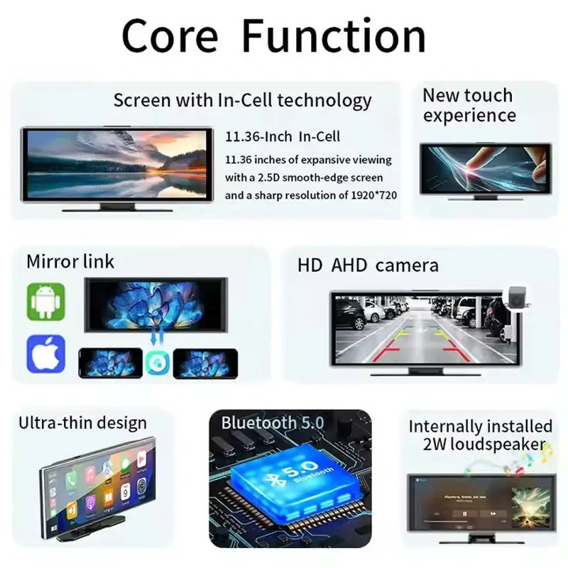 Car Accessories Universal 11.36-Inch Android Auto Stereo, Dashboard Camera, Wireless Carplay, Rearview Mirror, GPS Navigation Link Car Radio