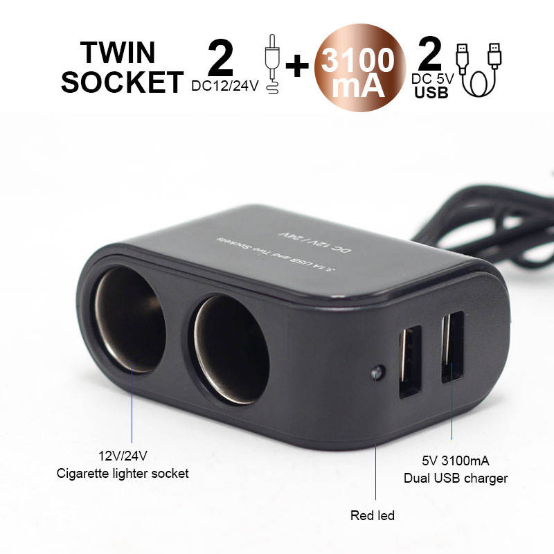 USB Auto Socket Splitter Charger Vehicle Lighter Adapter 12-24V USB Car Cigarette Lighter with LED Switch 2-Way