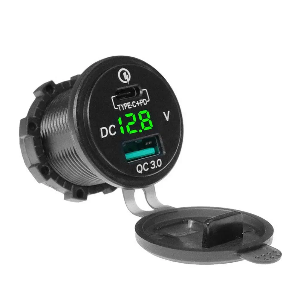 Fast USB C Car Charger Digital Voltmeter Type-C QC3.0 Pd Socket Adapter for Car Marine Boat Motorcycle